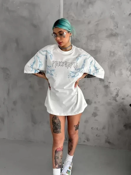 Unisex Bisiklet Yaka Baskılı Oversize T-Shirt - Beyaz - Resim 2