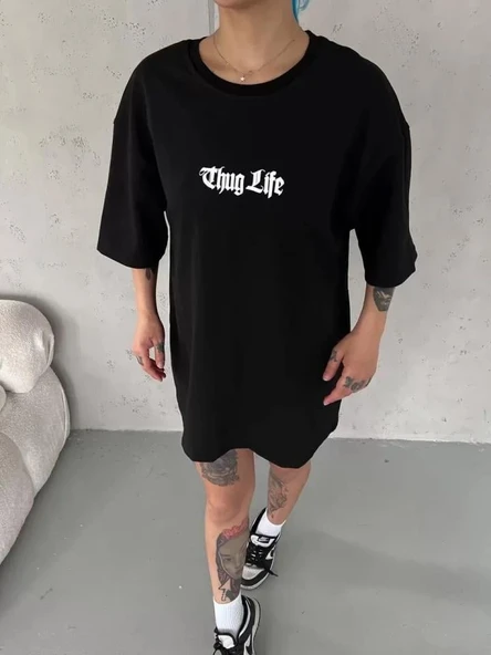 Unisex Bisiklet Yaka Baskılı Oversize T-Shirt - Siyah ürün görseli