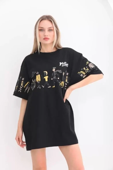 Unisex Bisiklet Yaka Baskılı Oversize T-Shirt - Siyah - Resim 2