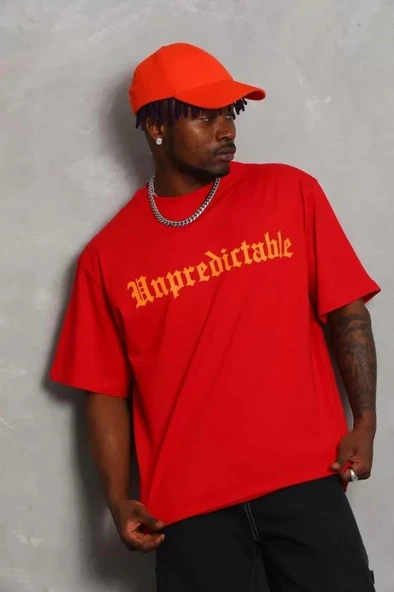 Unisex Oversize Baskılı Bisiklet Yaka T-Shirt - Kırmızı - Resim 3