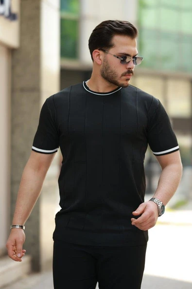 Erkek Bisiklet Yaka çizgi Desenli Ribanalı Kısa Kollu Tshirt ürün görseli