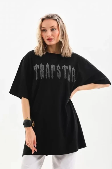 Unisex Taş Desenli Oversize T-Shirt - Siyah ürün görseli