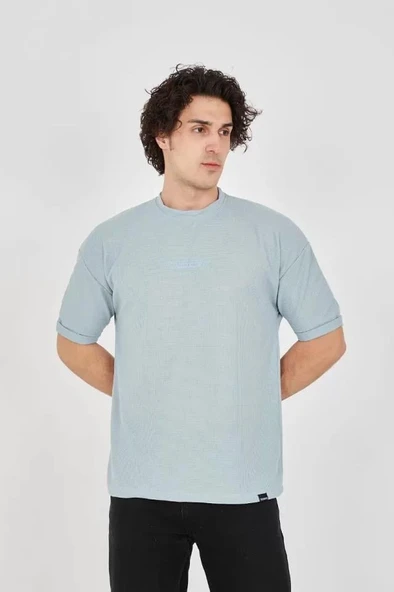 Unisex Waffle Kumaş Rahat Kol T-Shirt - Buz Mavisi ürün görseli