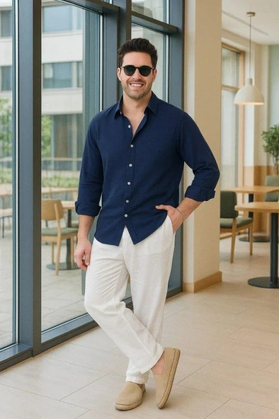 Erkek Uzun Kollu Regular Sofya Keten Gömlek - Resim 3