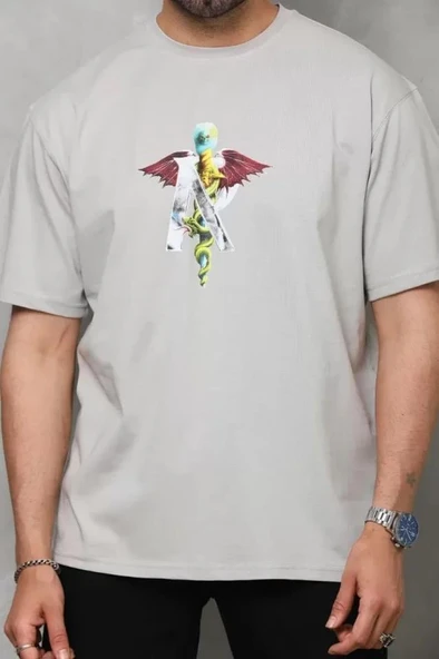 Unisex Bisiklet Yaka Baskılı Oversize T-Shirt - Gri - Resim 2