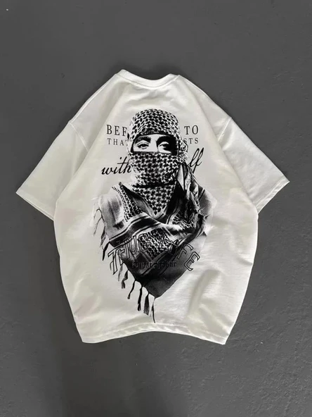 Unisex Baskılı Oversize T-Shirt - Beyaz - Resim 3