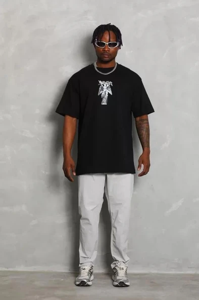 Unisex Oversize Baskılı Bisiklet Yaka T-Shirt - Siyah - Resim 3