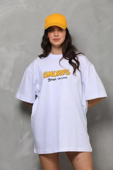Unisex Bisiklet Yaka Baskılı Oversize T-Shirt - Beyaz ürün görseli