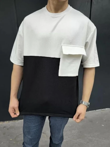 Unisex Torba Cep Detaylı Parçalı T-Shirt - Siyah ürün görseli