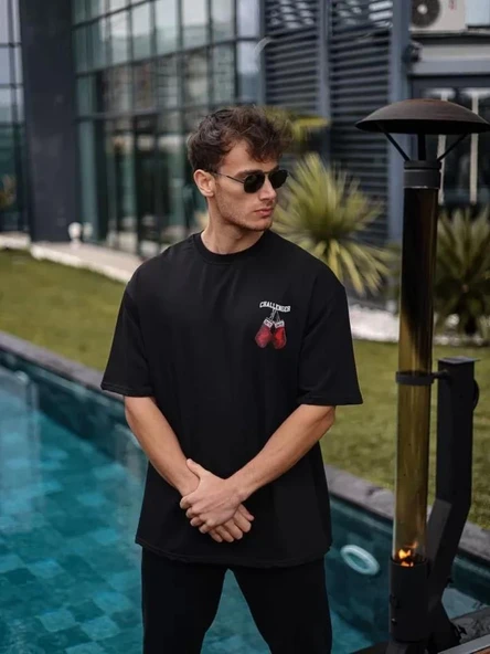 Unisex Bisiklet Yaka Baskılı Oversize T-Shirt - Siyah ürün görseli