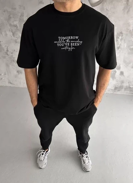 Unisex Bisiklet Yaka Baskılı Oversize T-Shirt - Siyah ürün görseli