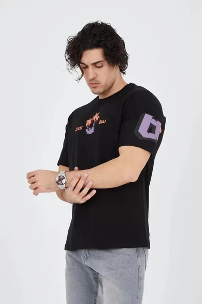Erkek Ön Ve Arka Baskılı T-Shirt - Siyah - Resim 3