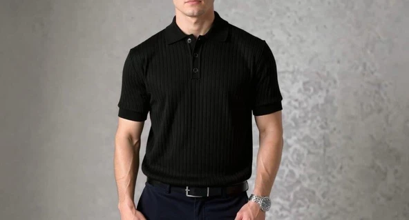 Erkek Kısa Kollu Yakalı Yakadan Düğmeli Triko Bluz - Resim 3