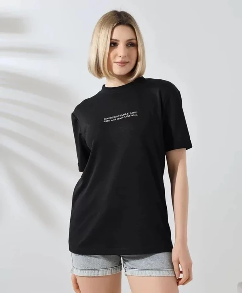Unisex Bisiklet Yaka Baskılı Slim Fit T-Shirt - Siyah ürün görseli
