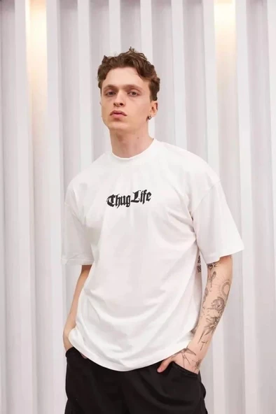 Unisex Bisiklet Yaka Baskılı Oversize T-Shirt - Beyaz - 1