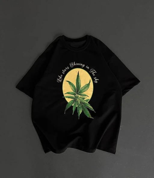 Ön Ve Arka Baskılı Oversize Bisiklet Yaka T-shirt- Siyah ürün görseli