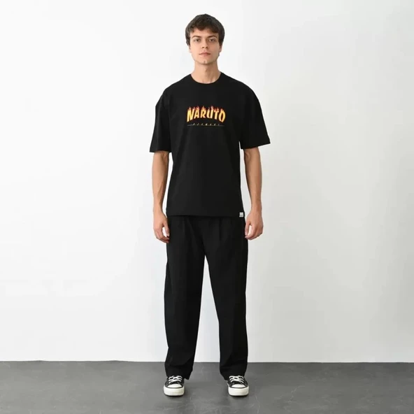 Unisex Bisiklet Yaka Baskılı Oversize T-Shirt - Siyah ürün görseli