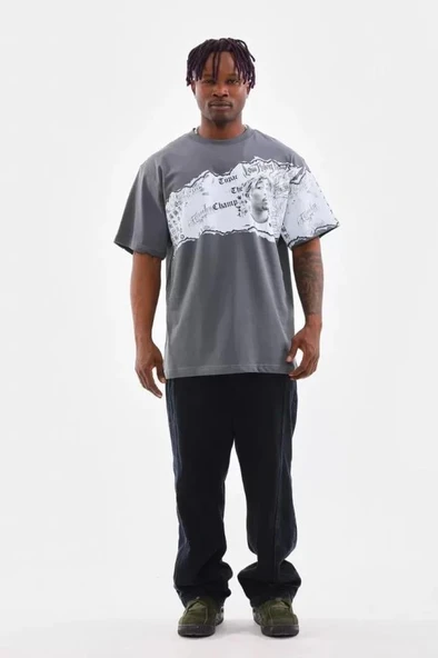 Unisex Bisiklet Yaka Baskılı Oversize T-Shirt - Gri - Resim 2