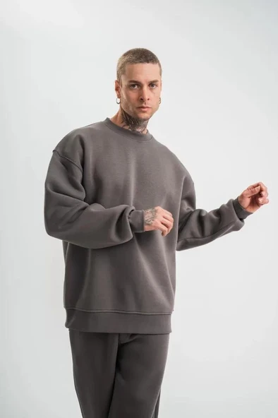 Uzun Kol Bisiklet Yaka Basic SweatShirt - Füme - Resim 3