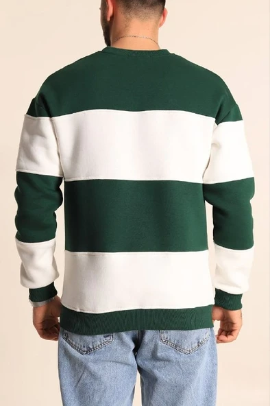 Parçalı Bisiklet Yaka Baskılı SweatShirt - Yeşil - Resim 2