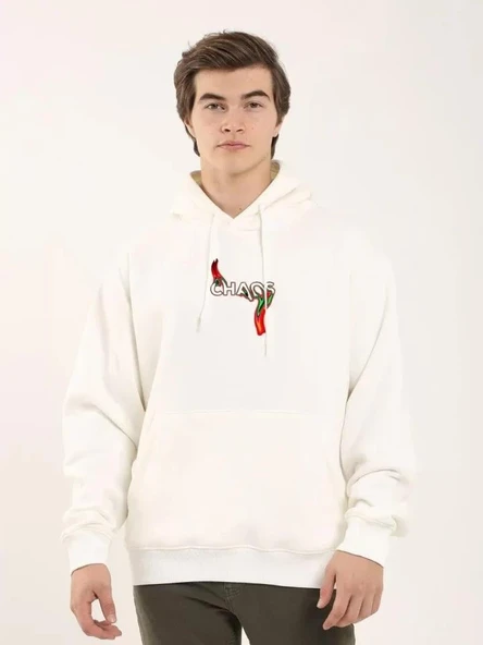 Unisex Baskılı Oversize Üç İplik Kapüşonlu Sweatshirt - Beyaz ürün görseli