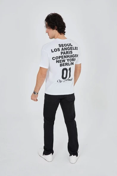 Erkek Bisiklet Yakalı Baskılı T-Shirt - Beyaz - Resim 4