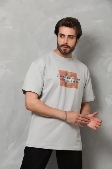 Unisex Bisiklet Yaka Baskılı Oversize T-Shirt - Gri - Resim 4