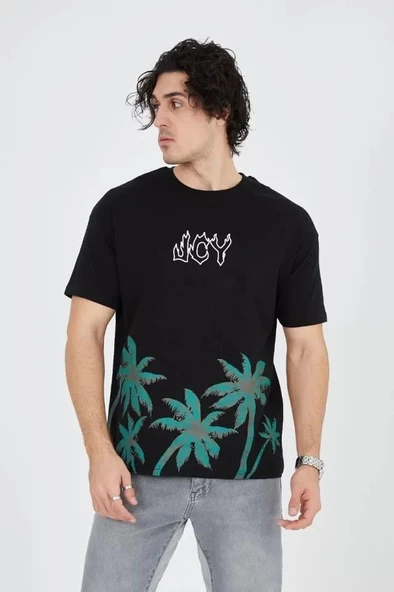 Erkek Baskılı Bisiklet Yaka T-Shirt - Siyah - Resim 4