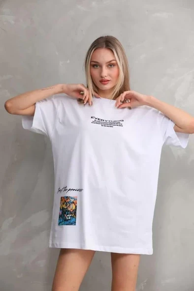 Unisex Bisiklet Yaka Baskılı Oversize T-Shirt - Beyaz ürün görseli