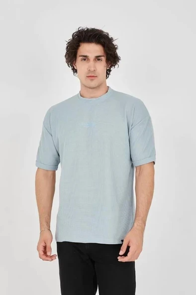 Unisex Waffle Kumaş Rahat Kol T-Shirt - Buz Mavisi - Resim 3