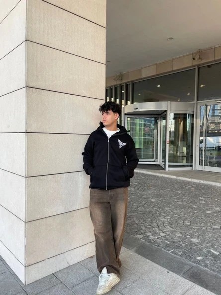 Samuray Kapşonlu ZIP Fermuarlı Kapşonlu SweatShirt - Siyah - Resim 3