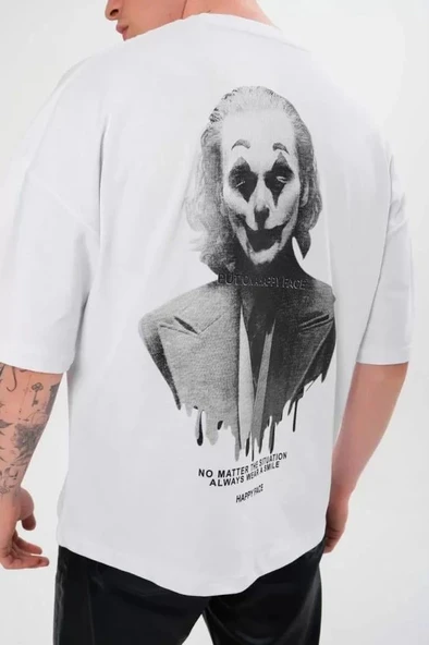 Unisex Bisiklet Yaka Baskılı Oversize T-Shirt - Beyaz - Resim 2