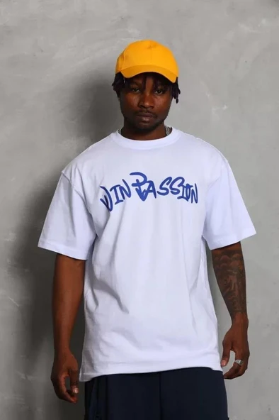 Unisex Oversize Baskılı Bisiklet Yaka T-Shirt - Beyaz - Resim 3