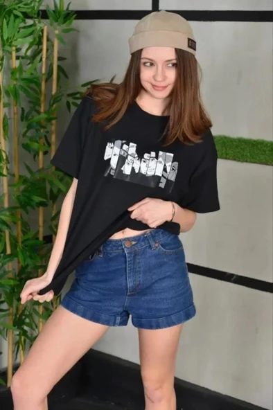 Unisex Bisiklet Yaka Baskılı Oversize T-Shirt - Siyah - Resim 3