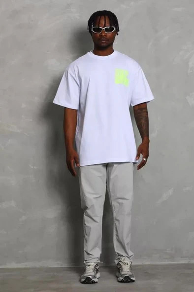 Unisex Oversize Baskılı Bisiklet Yaka T-Shirt - Beyaz - Resim 2