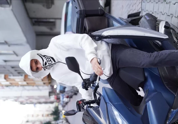 Samuray Kapşonlu ZIP Fermuarlı Çift Kapşonlu Nakışlı SweatShirt- Beyaz - Resim 4