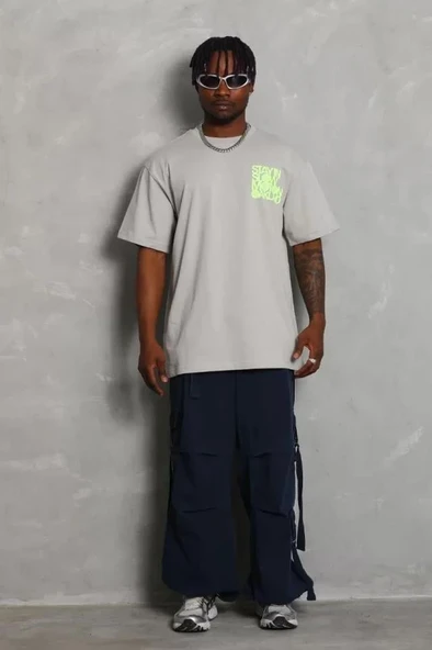 Unisex Oversize Baskılı Bisiklet Yaka T-Shirt - Gri - Resim 3