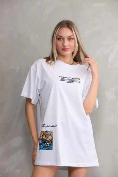 Unisex Bisiklet Yaka Baskılı Oversize T-Shirt - Beyaz - Resim 3