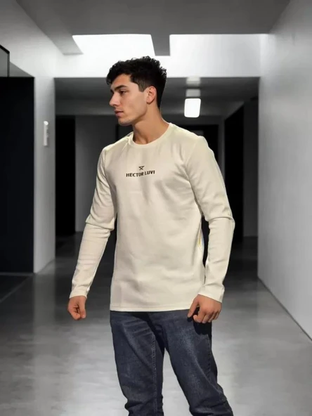 Unisex Bisiklet Yaka Uzun Kollu T-Shirt - Beyaz ürün görseli