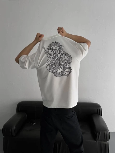 Baskılı Oversize Bisiklet Yaka T-shirt - Beyaz - Resim 4