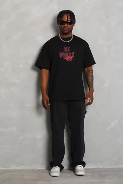 Unisex Oversize Baskılı Bisiklet Yaka T-Shirt - Siyah ürün görseli