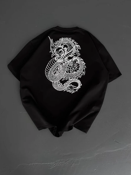 Baskılı Oversize Bisiklet Yaka T-shirt - Siyah - Resim 4