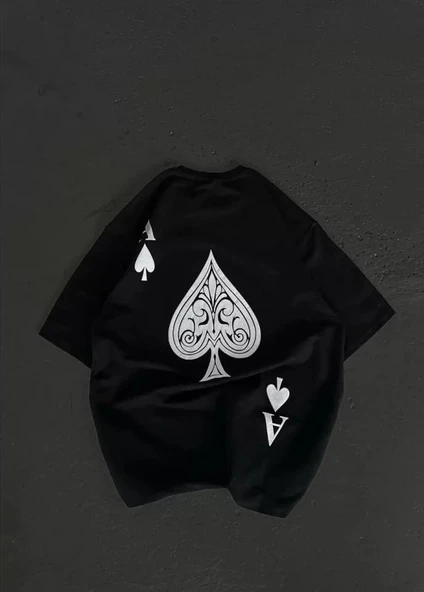 Unisex Bisiklet Yaka Baskılı Oversize T-Shirt - Siyah - Resim 2