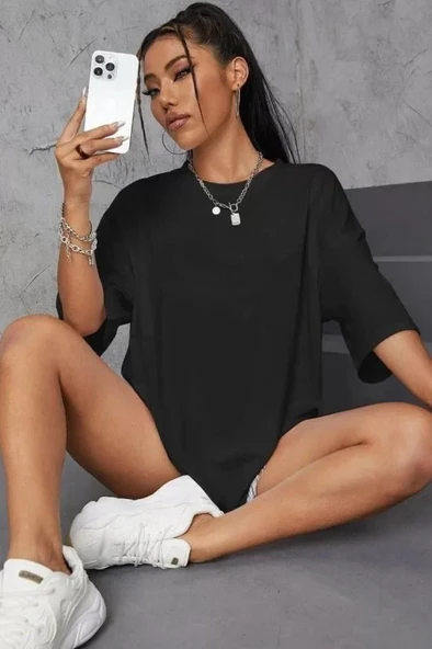 Unisex Baskılı Oversize T-Shirt - Siyah - Resim 2