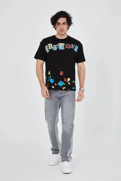 Erkek Baskılı Penye T-Shirt - Siyah ürün görseli