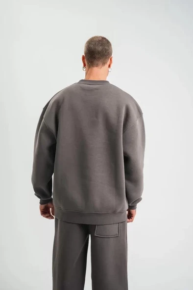 Uzun Kol Bisiklet Yaka Basic SweatShirt - Füme - Resim 4