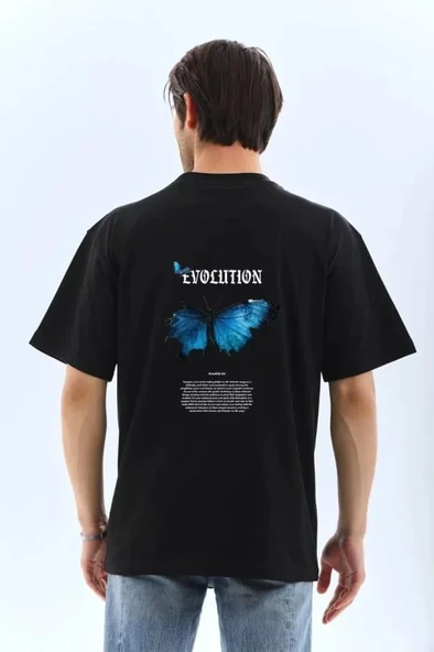 Unisex Bisiklet Yaka Baskılı Oversize T-Shirt - Siyah - Resim 2