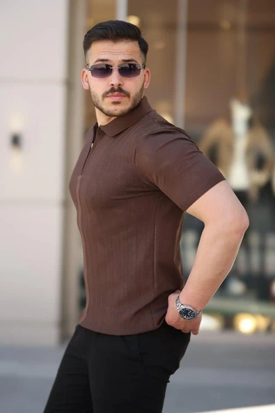 Erkek Yakası Fermuarlı Kısa Kollu T-shirt - Resim 2