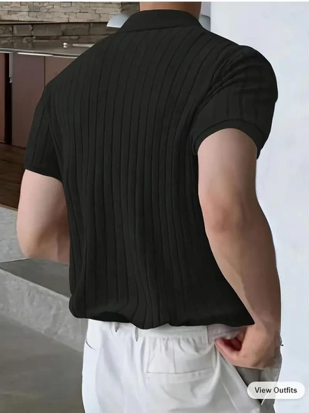 Erkek Kısa Kollu Yakalı Yakadan Düğmeli Triko Bluz - Resim 2