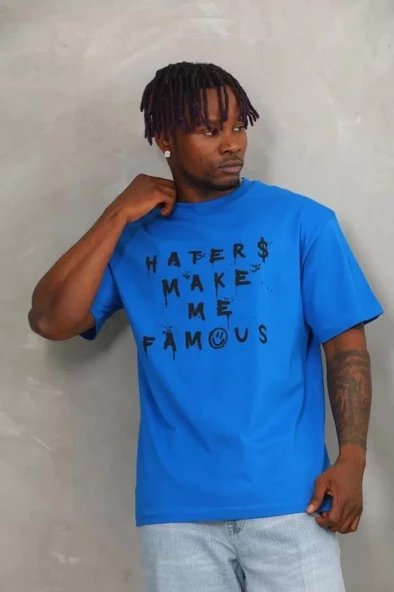 Unisex Oversize Baskılı Bisiklet Yaka T-Shirt - Mavi - Resim 2